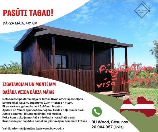 Noliktavas tipa dārza māja ar terasi, 4x1,8m plus terase 4x1,2m